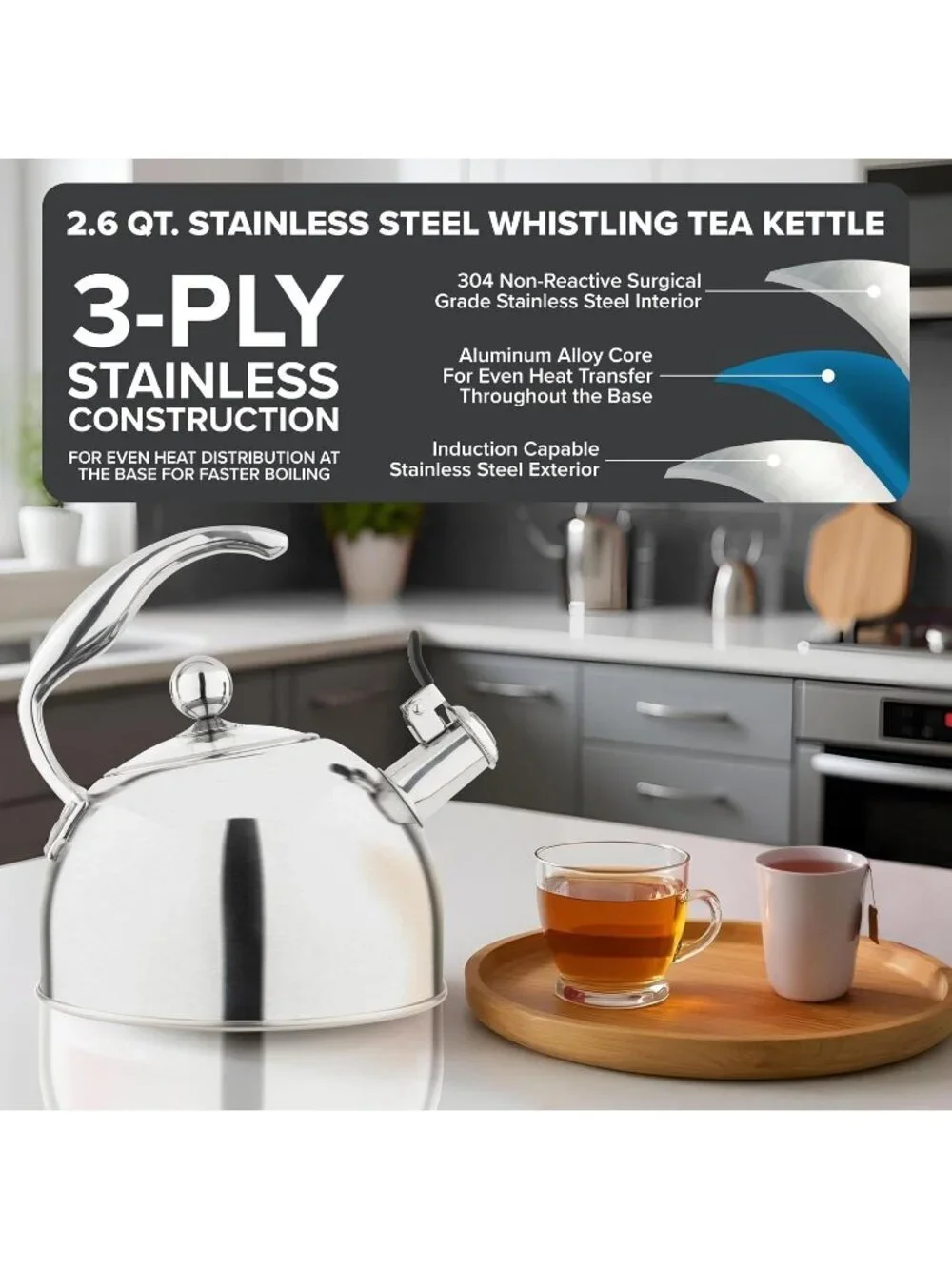 Viking  2.6 Qt 3-Ply Stainless Steel Kitchen Tea Kettles Satin Silver Induction